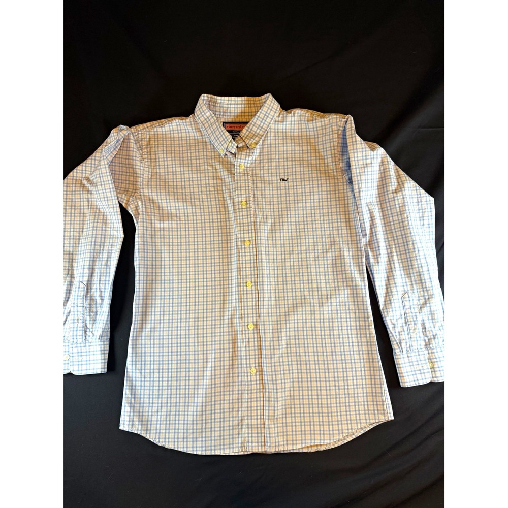 Vineyard Vines Blue White Plaid Boy's Button-Down Embroidered Whale LS Shirt, XL